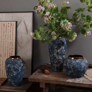 Jarrón <span class=keywords><strong>de</strong></span> cerámica azul con flores para decoración del hogar, diseño único <span class=keywords><strong>de</strong></span> lujo chino a mano - Product Image 1