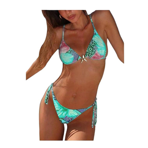 Women’s 2PCS Leopard Floral <b>Bikini</b> <b>Set</b>, featuring a halter triangle top, <b>string</b> ties, and chic starfish metal details - Product Image 4