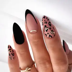 24 buah akrilik Pink Almond kuku palsu mengkilap emas riak desain Stiletto penutup penuh dilepas Oval tekan ujung jari