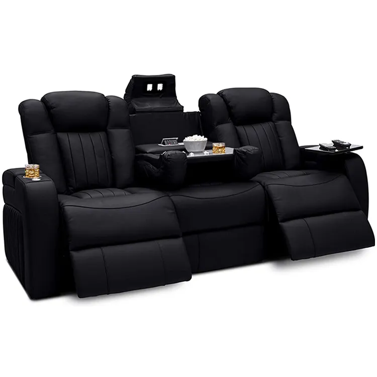 High Quality Canape Cuir Black Loveseat Theater Leather Recliner Cinema Sofa Furniture Sets with led light and cup holder