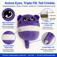 Jouet pour chat en peluche violette avec herbe à chat, queue sonore froissée et yeux brodés style anime
