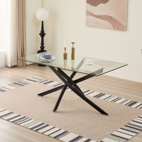 Table à manger rectangulaire en verre trempé transparent moderne avec pieds en métal noir en forme de X pour la maison, la cuisine et la salle à manger