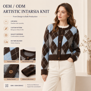 <span class=keywords><strong>Cardigan</strong></span> da <span class=keywords><strong>Donna</strong></span> in Maglia Stile Preppy con Collo a Girocollo e Maniche Lunghe, Design Argyle all'Uncinetto per l'Inverno, Produzione ODM OEM all'Ingrosso - Product Image 3