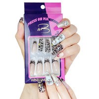 24 faux ongles léopard à bout français avec diamants de luxe, réutilisables, en kit