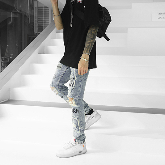 Pantalones Jeans Trousers Designer Reflective Patched Hip Hop Streetwear Ripped Jeans Men Jens Pant Men's Korea for Man Slim