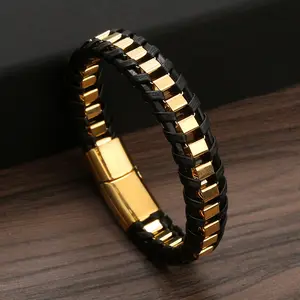 High Quality New Design Multilayered Rope String Bracelet Stainless Steel Real Leather Bracelet For Men