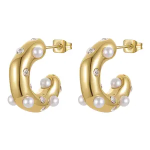18k镀金不锈钢饰品C形粘珍珠锆石设计配件圈形耳环E221363
