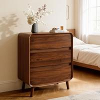 Table de chevet moderne en bois massif avec 3 tiroirs, style Mid-Century, finition bois massif, coins arrondis, pour chambre à coucher ou entrepôt