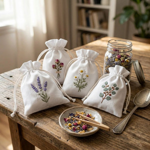Sachets de lavande personnalisés en gros, en coton blanc, broderie de haute qualité, housses pour sachets de lavande fleurie - Product Image 4