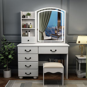 Table de maquillage compacte de style européen blanche pour petite chambre, meuble de rangement minimaliste, coiffeuse en bois pour chambre à coucher - Product Image 2