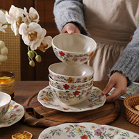 Ensemble de bols et d'assiettes en céramique à motifs floraux vintage, vaisselle élégante pour la salle à manger à la maison, collection de vaisselle compatible avec le micro-ondes