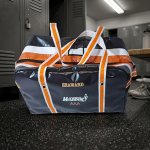Grand sac de sport en toile noire robuste avec doublure en polyester et sangles blanches et orange, logo personnalisé - Product Image 2