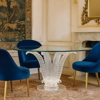 Ensemble de table à manger ronde en cristal transparent de luxe, feuilles de cactus, artisanal, 6 places, contemporain, pour villas, hôtels, clubs