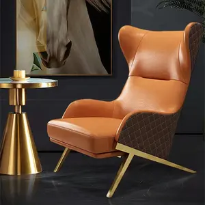 호화스러운 현대 날개 뒤 의자 금 강철 다리 가죽 reclining 라운지용 의자를 가진 최소한 호텔 거실 악센트 안락 의자