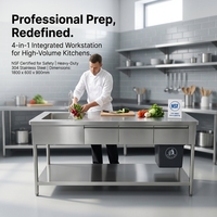 Meja Kerja Dapur Stainless Steel Komersial Ukuran Kustom dengan Wastafel, Laci, Backsplash, Rak Bawah, dan Rak Atas (Freestanding)
