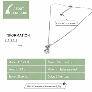 Collier à pendentif double rond en zircone, chaîne fine en acier inoxydable argenté avec extension réglable 45 cm - Product Image 2