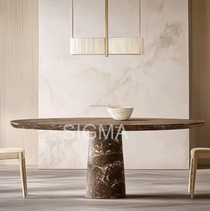 Ensemble de table à manger ronde en travertin/marbre beige, style nordique moderne, écologique et naturel, meubles polis pour restaurants étoilés <span class=keywords><strong>Michelin</strong></span>, villas - Product Image 2
