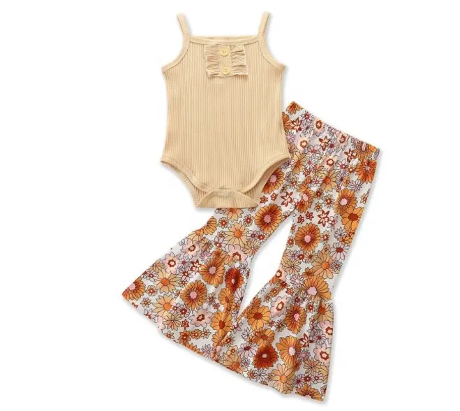 Manufacturer wholesale toddler baby romper jumpsuit sunflower floral little girls flare pants clothes set
