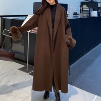 Nouveau manteau long en cachemire et laine pour femme, élégant, doux et chaud, avec col en fourrure de renard véritable, ceinture, style kimono