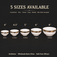 Lot de bols à soupe en porcelaine fine avec bordure dorée, tailles 4, 4.5, 5, 6, 8 pouces, vente en gros pour hôtels, restaurants, banquets et mariages