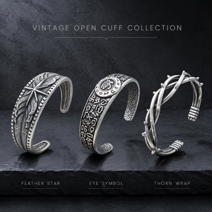 Brazalete de Moda para Hombre, Estilo Tribal Vintage con Plumas y Estrellas, Acero Inoxidable 316L, Plata Antigua Oxidada, Ajustable - Product Image 6