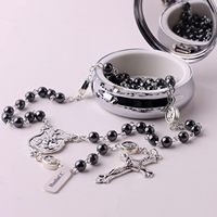 Collier chapelet en hématite noire et tungstène avec perles en pierre, Saint Michel Archange, avec boîte cadeau en métal pour homme