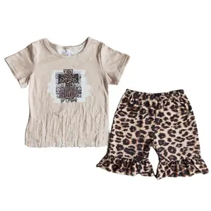 Conjuntos de roupas meninas Casual Leopard Print Cross-country Cross-country de manga curta