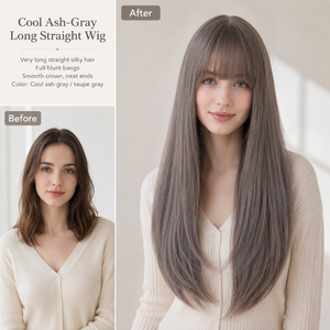 วิกผมยาวตรงแบบมีเลเยอร์ สีดำอ่อน วัสดุใยสังเคราะห์ ไม่ต้องใช้กาว ปรับขนาดได้ 28 นิ้ว ทนความร้อนสูง พร้อมหน้าม้าตาข่ายยืดหยุ่น - Product Image 2
