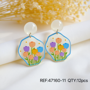 Boucles d'oreilles en acrylique peintes à motifs floraux avec perles transparentes pour femmes, cadeau, 12 pièces - Product Image 2