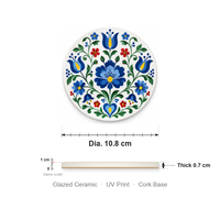 Sous-verre en céramique rond de 10,8 cm, motif tulipe bleue, impression UV émaillée, base en liège, pour table basse, décoration intérieure, cadeau