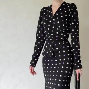 Arrival Black and White Large Polka-dot Cotton Padded Shoulder Flounced Long Sleeve Casual Dress