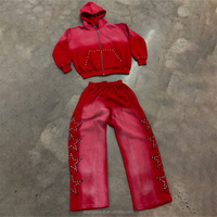 Ensemble de survêtement deux pièces personnalisé avec strass, pantalon évasé imprimé sérigraphié délavé à l'acide de haute qualité et sweat à capuche zippé pour homme, style streetwear
