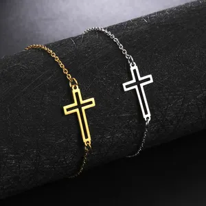 Religious Christian Cross Women's Hand Bracelets Minimalist Stainless Steel Gold Color Bracelets Wholesale Friends Gift
