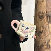 Ensemble de tasse à café et plateau en céramique de luxe rétro, avec motif d'hortensia en velours, boîte cadeau incluse, cadeau commémoratif haut de gamme
