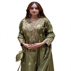 Costume Anarkali en soie vert olive brodé pour femmes, longueur au sol, tenue de mariage indienne traditionnelle, coupe régulière - Product Image 1