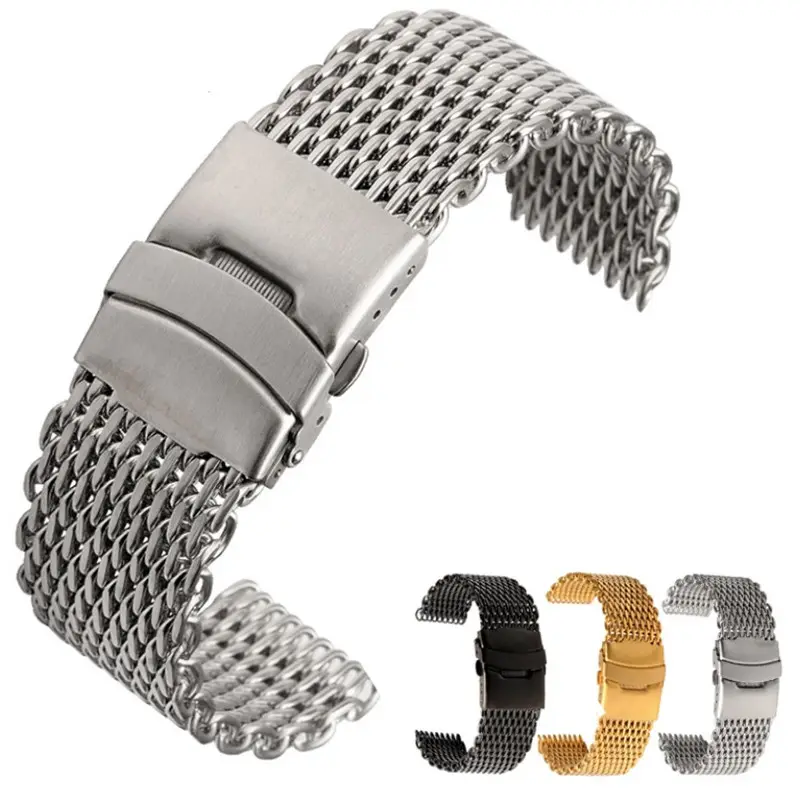 18/20/22/24mm Dikke Haai Mesh Roestvrij Stalen Horlogeband Armband Horloge band met Veiligheid Gesp