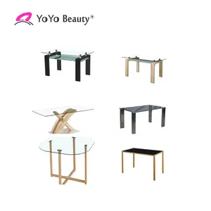 2021 Bazhou City Customized Tempered Glass Top Dining Room Table Set Black PU Metal Legs Dining Table