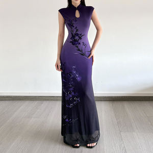 <b>Purple</b> Digital Floral Hollow Stand Collar <b>Maxi</b> Cheongsam Fashion Sexy Elegant Chinese Style High Waist Slim Fit Summer <b>Dress</b> - Product Image 2
