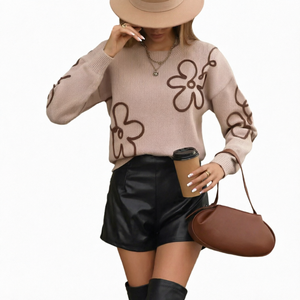 Pull en tricot à imprimé floral pour femme, col rond, coupe ample, manches longues, décontracté, à porter au quotidien - Product Image 1