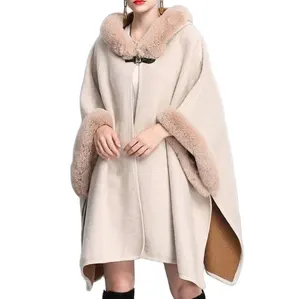 定制羊毛保暖时尚连帽冬季女士人造毛皮斗篷