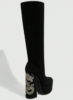 Bottes hautes en faux daim noir avec broderie de dragon, talons hauts épais, plateforme, nouveau style chinois, chaussures de soirée pour femmes
