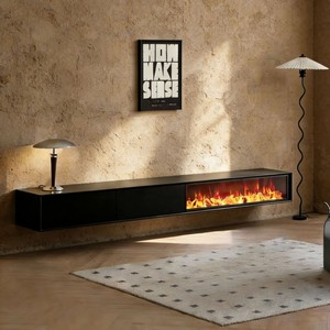 Mobile TV da Parete con Caminetto 3D in Legno Massello, Fiamme Simulate, Inserto Decorativo con Fiamme Finte, Finitura Nera Effetto Legno - Product Image 2
