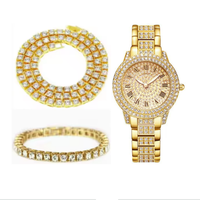 Kalung Rantai Tenis Hip Hop, Gelang, dan Jam Tangan Bertabur Kristal Imitasi, Bahan Paduan Emas Perak Seng, Set Perhiasan Wanita - Laris Terjual