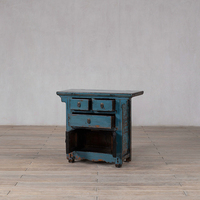 Table de chevet en bois massif bleu turquoise vieilli, style rustique antique, armoire de chevet à 3 tiroirs et 2 portes