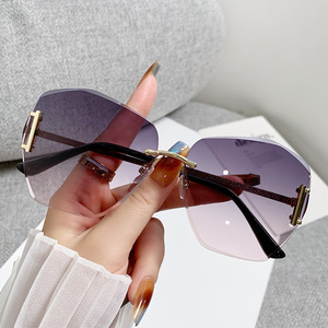 Women's Polygonal Frameless <b>Sunglasses</b> UV400 PC Lens Black Frame Sun Protection Type 3 Grey Gradient - Product Image 2