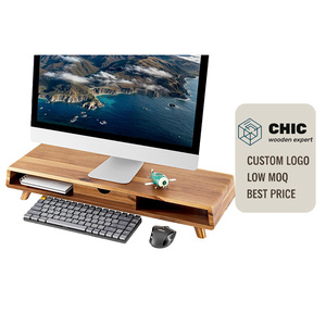 แท่นวางจอคอมพิวเตอร์ไม้พร้อมลิ้นชักเก็บของสำหรับคอมพิวเตอร์ตั้งโต๊ะ แล็ปท็อป อุปกรณ์จัดระเบียบโต๊ะทำงาน และชั้นวางใต้จอ - Product Image 1