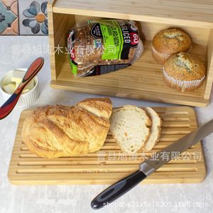 Boîte de rangement pour pain en bambou avec trancheuse, couleur bois naturel, organisateur de cuisine de bureau pour toasts et pâtisseries - Product Image 3