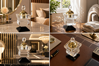 Brûleur d'encens en cristal K9 noir sur piédestal, avec couvercle creux en forme de lune dorée, pot d'aromathérapie en verre facetté, fait main, écologique, pour la maison moderne
