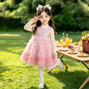 Ensemble deux pièces rose scintillant à volants pour filles, robe à manches longues et col roulé, idéal pour les fêtes et les pique-niques - Product Image 1