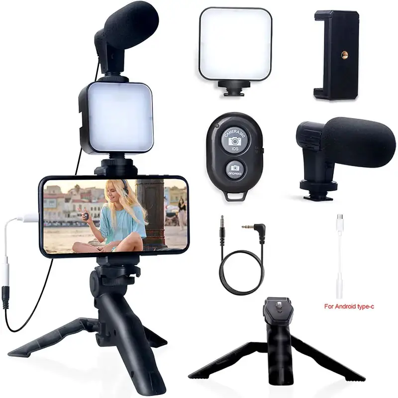 AY-49 portátil Podcast Video Vlogging equipo Universal Kit trípode soporte para teléfono Iphone con micrófono ligero y micrófono